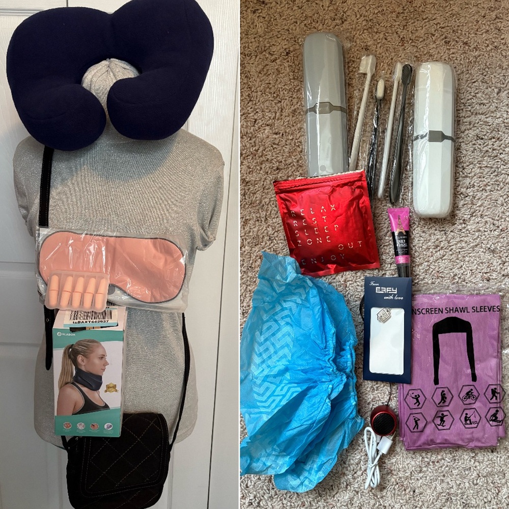 Travel Kit - Vera Bradley Purse, neckpillows, eye masks, earplugs, speaker, etc.